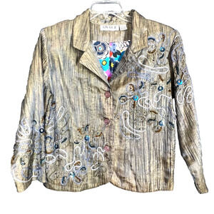 Anage Blazer Jacket Womens Large Iridescent Bronze Blue Sparkly Sequin Arts